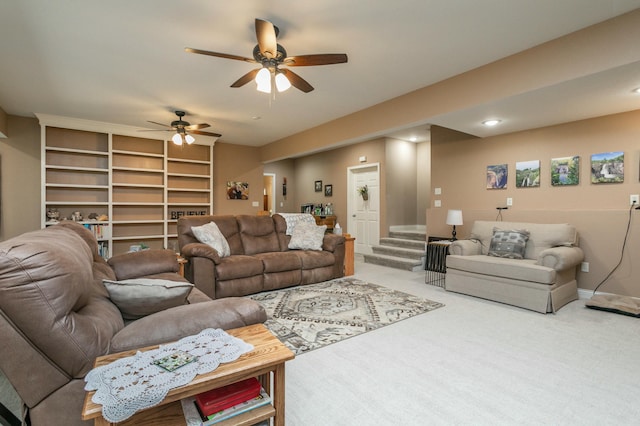 living area with carpet, recessed lighting, stairway, ceiling fan, and baseboards