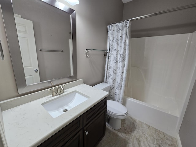 full bathroom with vanity, toilet, and shower / bathtub combination with curtain