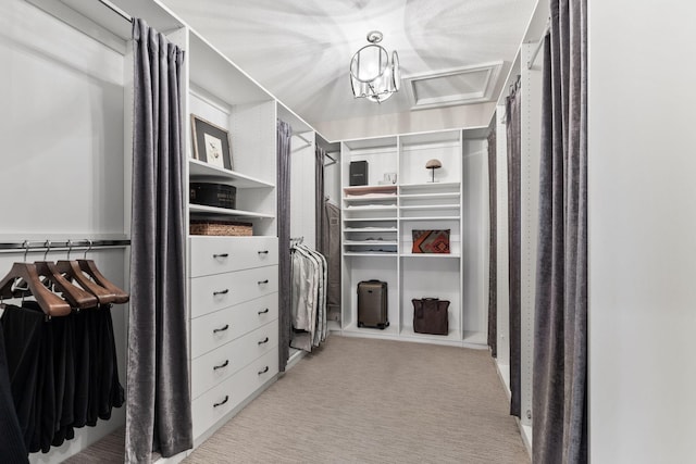 walk in closet featuring light carpet