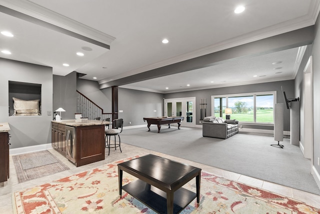 living area with recessed lighting, light carpet, pool table, ornamental molding, and stairway