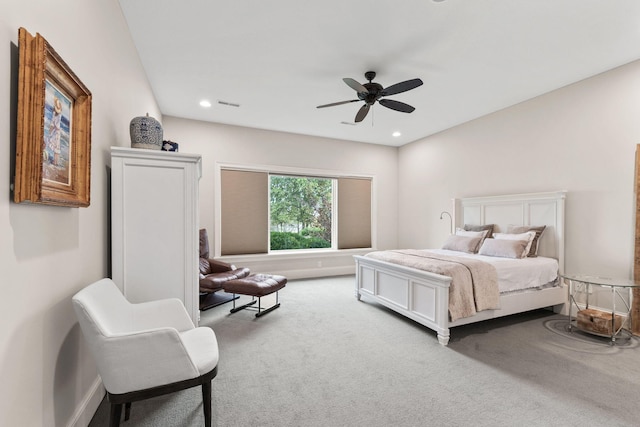 carpeted bedroom featuring baseboards, a ceiling fan, visible vents, and recessed lighting