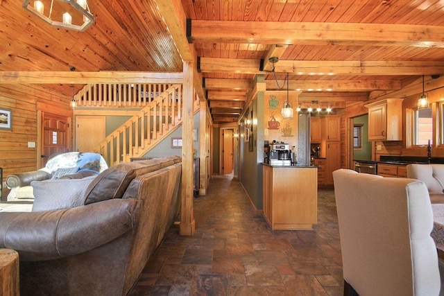 kitchen with wood ceiling, dark countertops, open floor plan, and wooden walls