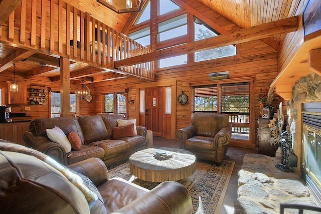 living room featuring vaulted ceiling with beams, wood walls, wooden ceiling, and a notable chandelier