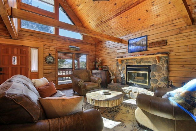 living area featuring wood ceiling, wood walls, a fireplace, high vaulted ceiling, and beam ceiling