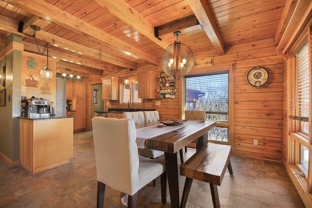 dining room featuring wooden ceiling, a notable chandelier, wood walls, beamed ceiling, and stone tile flooring