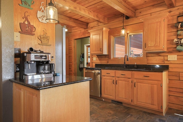 kitchen featuring beam ceiling, wood ceiling, wood walls, and stainless steel dishwasher