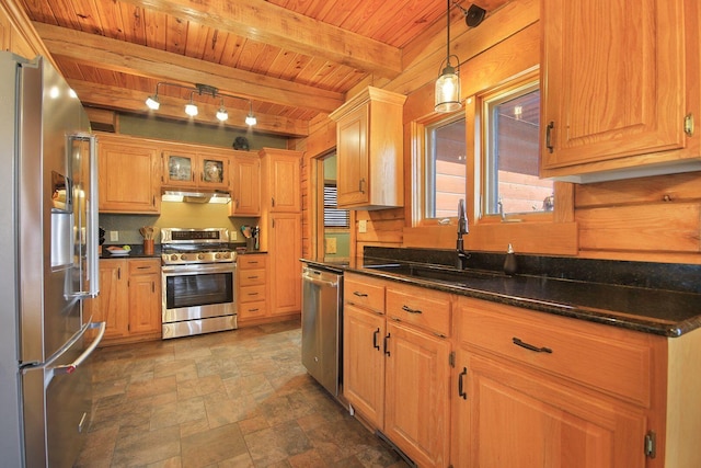 kitchen with appliances with stainless steel finishes, stone finish floor, a sink, wooden ceiling, and under cabinet range hood