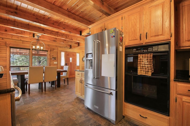 kitchen featuring wooden ceiling, dobule oven black, wood walls, stainless steel refrigerator with ice dispenser, and beam ceiling