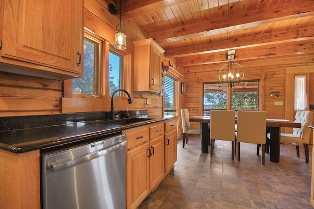 kitchen featuring dark countertops, dishwasher, wood walls, and a sink