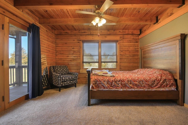 carpeted bedroom featuring wood ceiling, access to outside, beam ceiling, and wooden walls