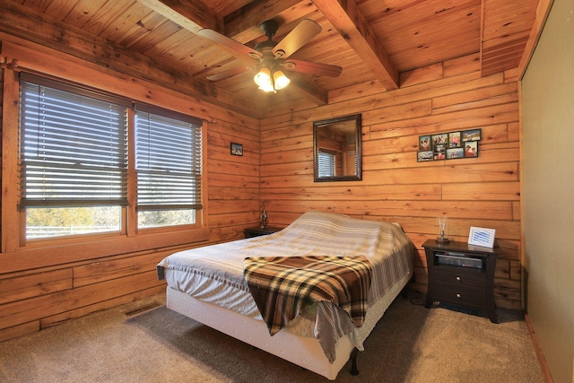 bedroom with wood ceiling, beam ceiling, wood walls, and visible vents