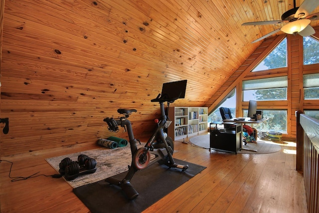 exercise room featuring wood ceiling, ceiling fan, wood walls, and hardwood / wood-style flooring