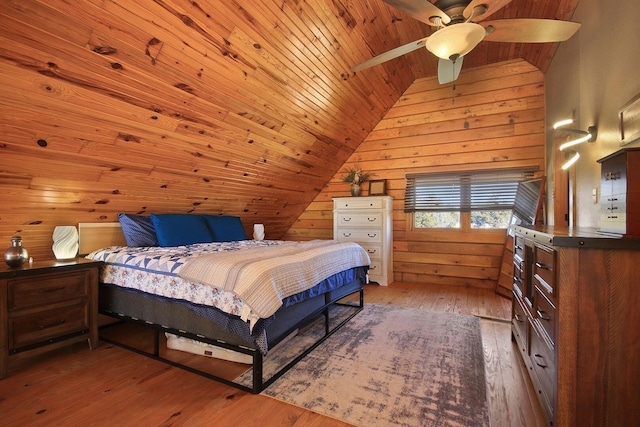 bedroom featuring wooden ceiling, ceiling fan, hardwood / wood-style flooring, vaulted ceiling, and wood walls