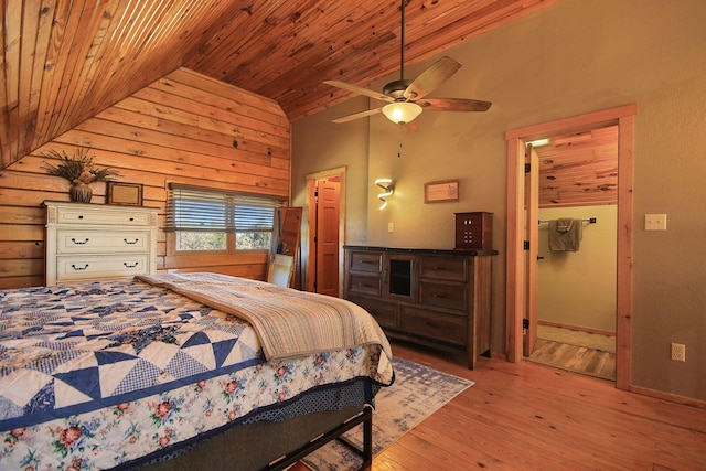 bedroom featuring a ceiling fan, wooden ceiling, high vaulted ceiling, and wood finished floors