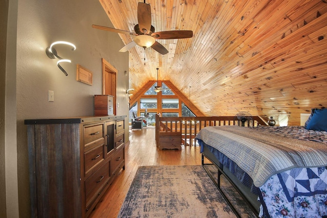 bedroom featuring lofted ceiling, wood ceiling, and light wood-style floors