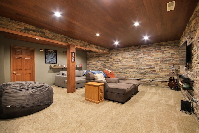 living room featuring carpet, wooden ceiling, visible vents, and recessed lighting