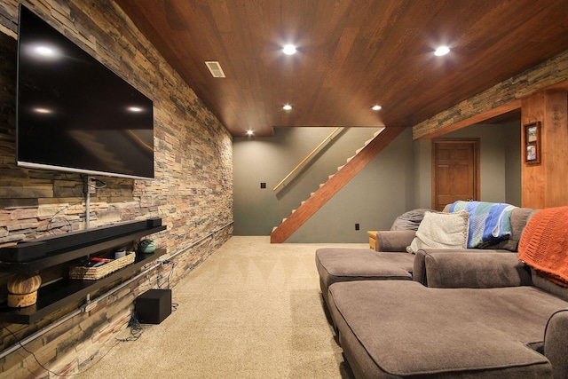 carpeted home theater room with wood ceiling, visible vents, and recessed lighting