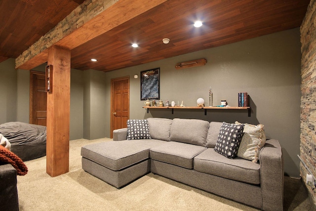 carpeted living area with wooden ceiling and recessed lighting