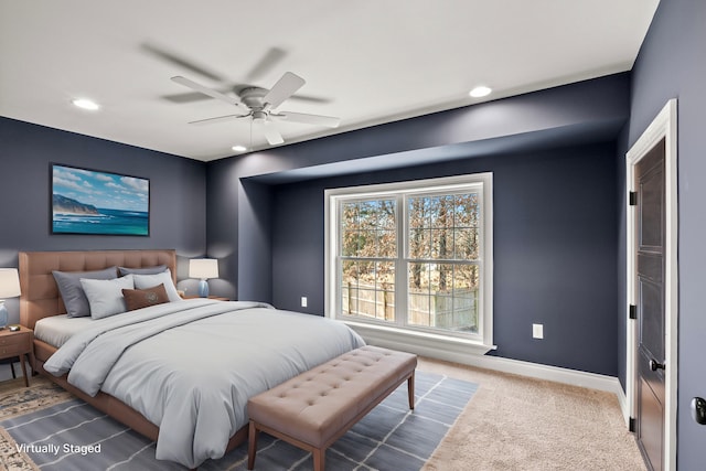 carpeted bedroom with recessed lighting, a ceiling fan, and baseboards