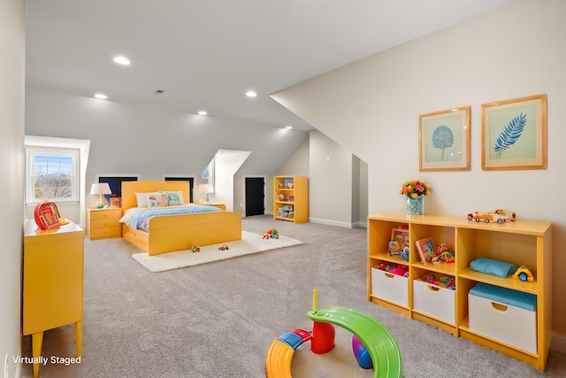 bedroom featuring vaulted ceiling, carpet floors, visible vents, and recessed lighting