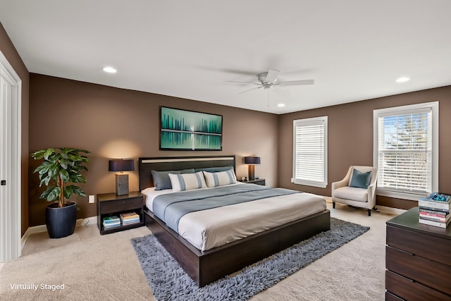 bedroom with recessed lighting, carpet flooring, a ceiling fan, and baseboards