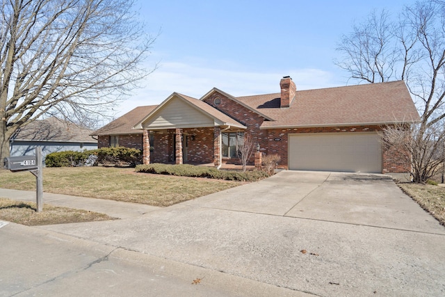 ranch-style home with driveway, a chimney, an attached garage, a front lawn, and brick siding