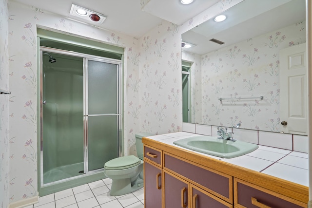 bathroom featuring wallpapered walls, a shower stall, visible vents, and tile patterned floors