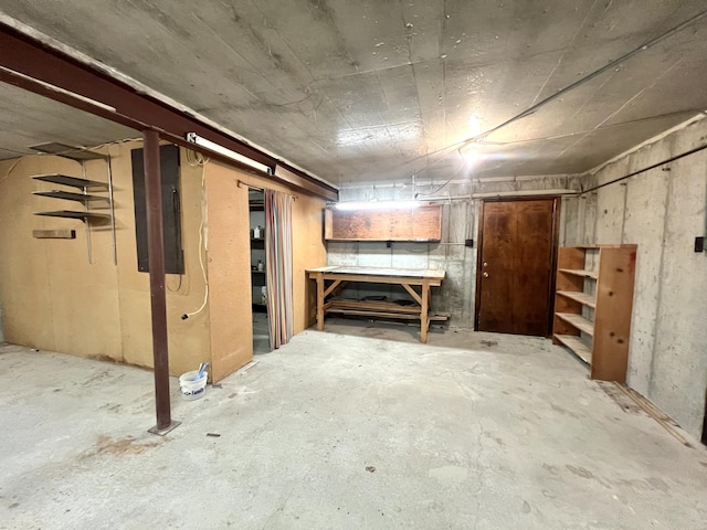 unfinished basement with a workshop area