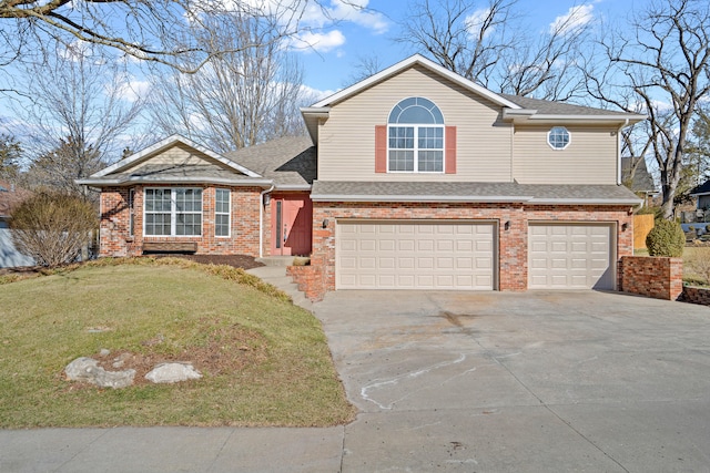 view of front of home featuring a garage, brick siding, a shingled roof, driveway, and a front yard