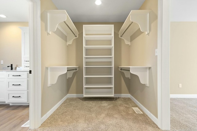 spacious closet with light carpet, a sink, and visible vents