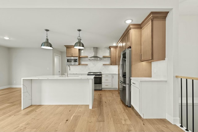 kitchen with open shelves, appliances with stainless steel finishes, light wood-style floors, a sink, and wall chimney range hood