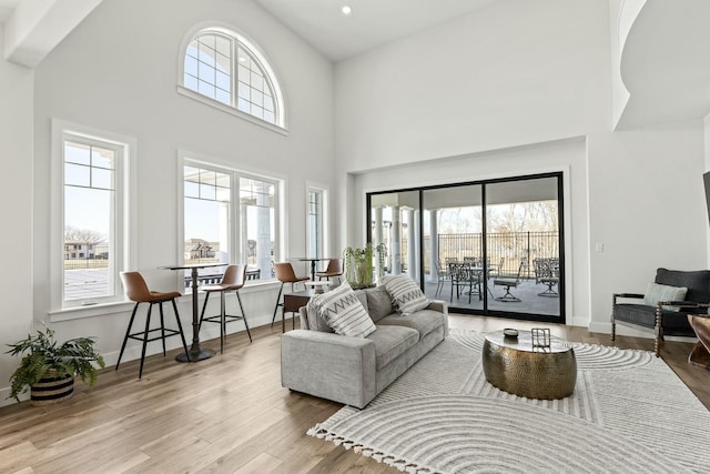 living room with plenty of natural light, baseboards, and wood finished floors