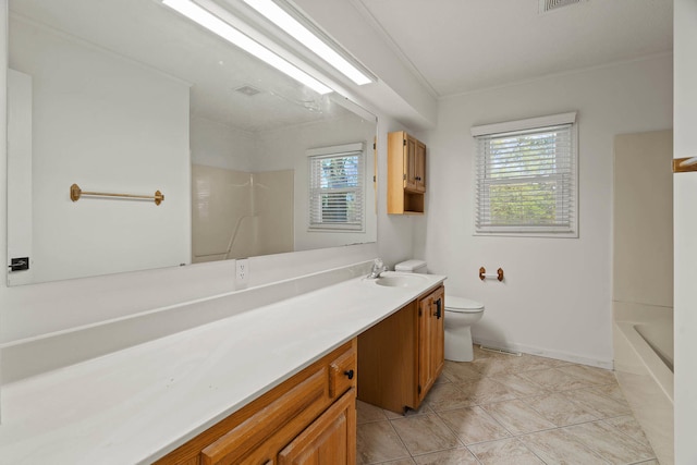 full bath featuring visible vents, toilet, vanity, baseboards, and tile patterned floors