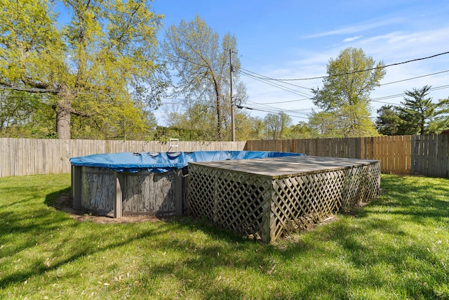 view of pool featuring a fenced in pool, a fenced backyard, and a yard