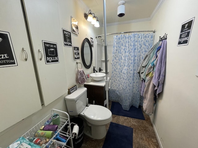 bathroom with ornamental molding, toilet, vanity, and a shower with shower curtain