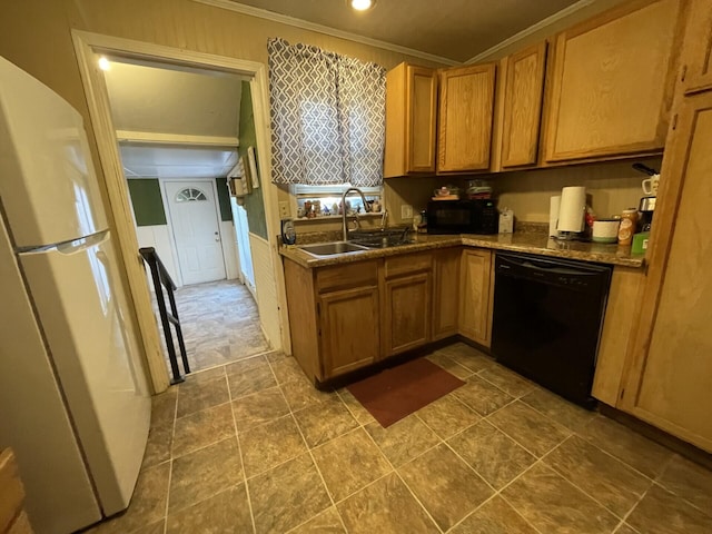 kitchen with crown molding, brown cabinetry, a sink, and black appliances