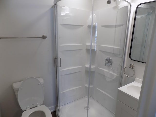 bathroom with toilet, a stall shower, and vanity