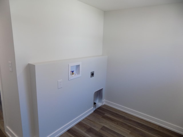 washroom featuring laundry area, washer hookup, baseboards, dark wood-style floors, and electric dryer hookup