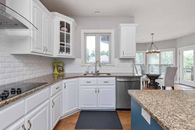 kitchen featuring stainless steel dishwasher, a sink, white cabinets, and under cabinet range hood