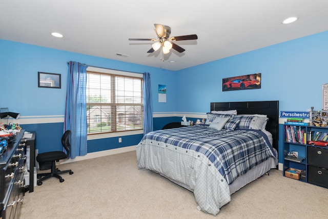 carpeted bedroom with ceiling fan, visible vents, baseboards, and recessed lighting