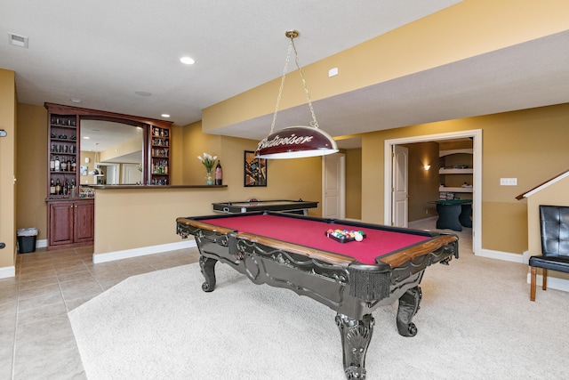 recreation room featuring recessed lighting, pool table, visible vents, tile patterned flooring, and baseboards