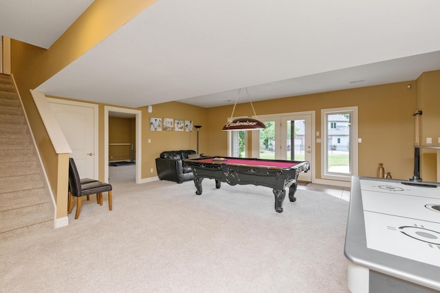 rec room with carpet flooring, billiards, and baseboards