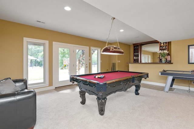 game room featuring recessed lighting, light colored carpet, pool table, visible vents, and baseboards