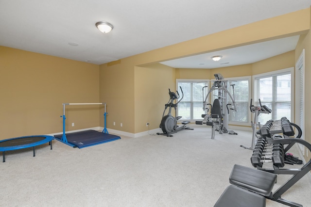 workout area with carpet flooring, plenty of natural light, and baseboards