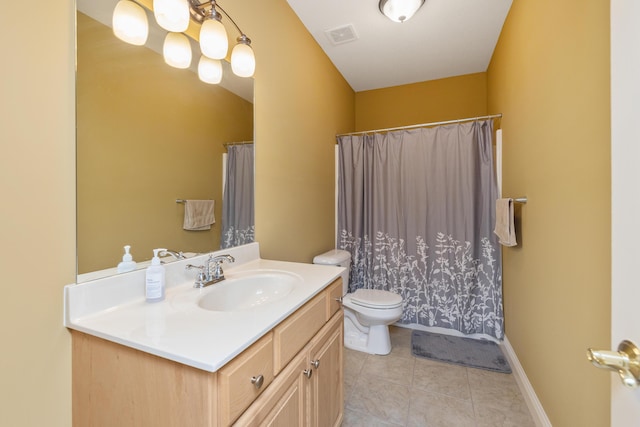 full bath featuring tile patterned flooring, toilet, vanity, visible vents, and baseboards