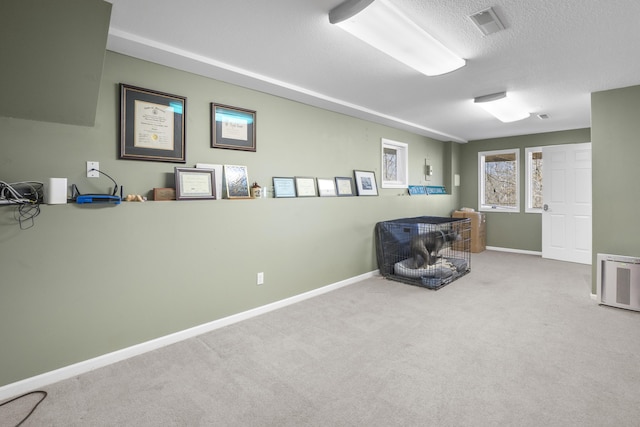 miscellaneous room featuring carpet floors, baseboards, and a textured ceiling