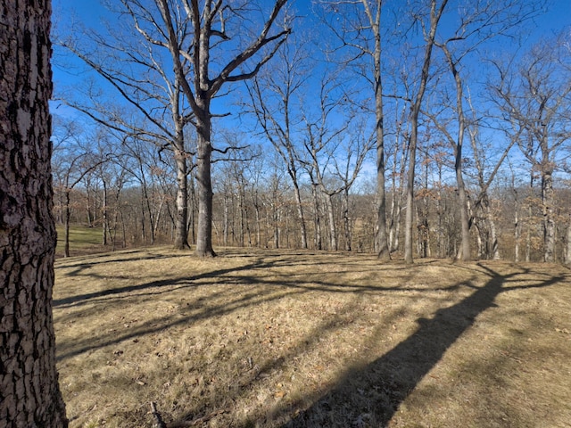 exterior space featuring a forest view