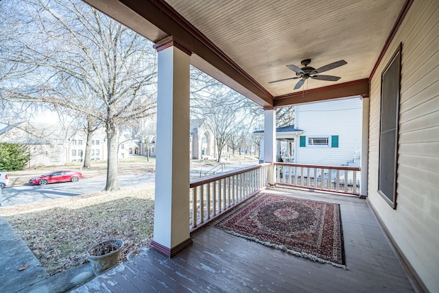 view of patio / terrace with a residential view, covered porch, and ceiling fan