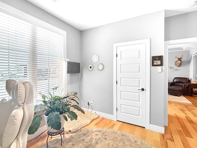 interior space featuring baseboards and light wood finished floors