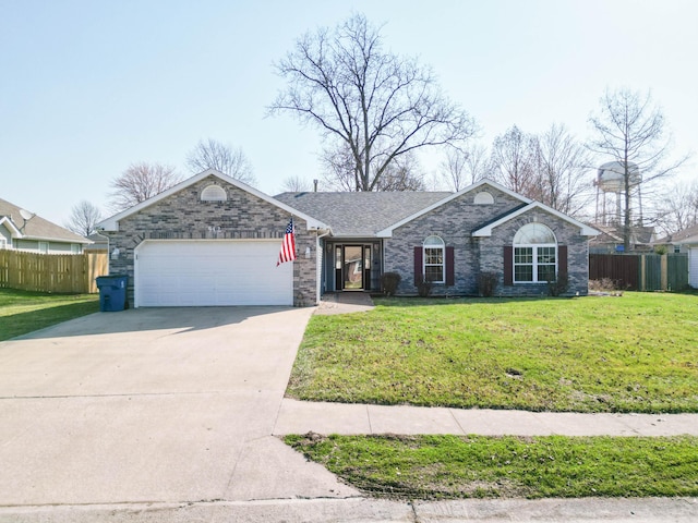 single story home with a front lawn, an attached garage, driveway, and fence